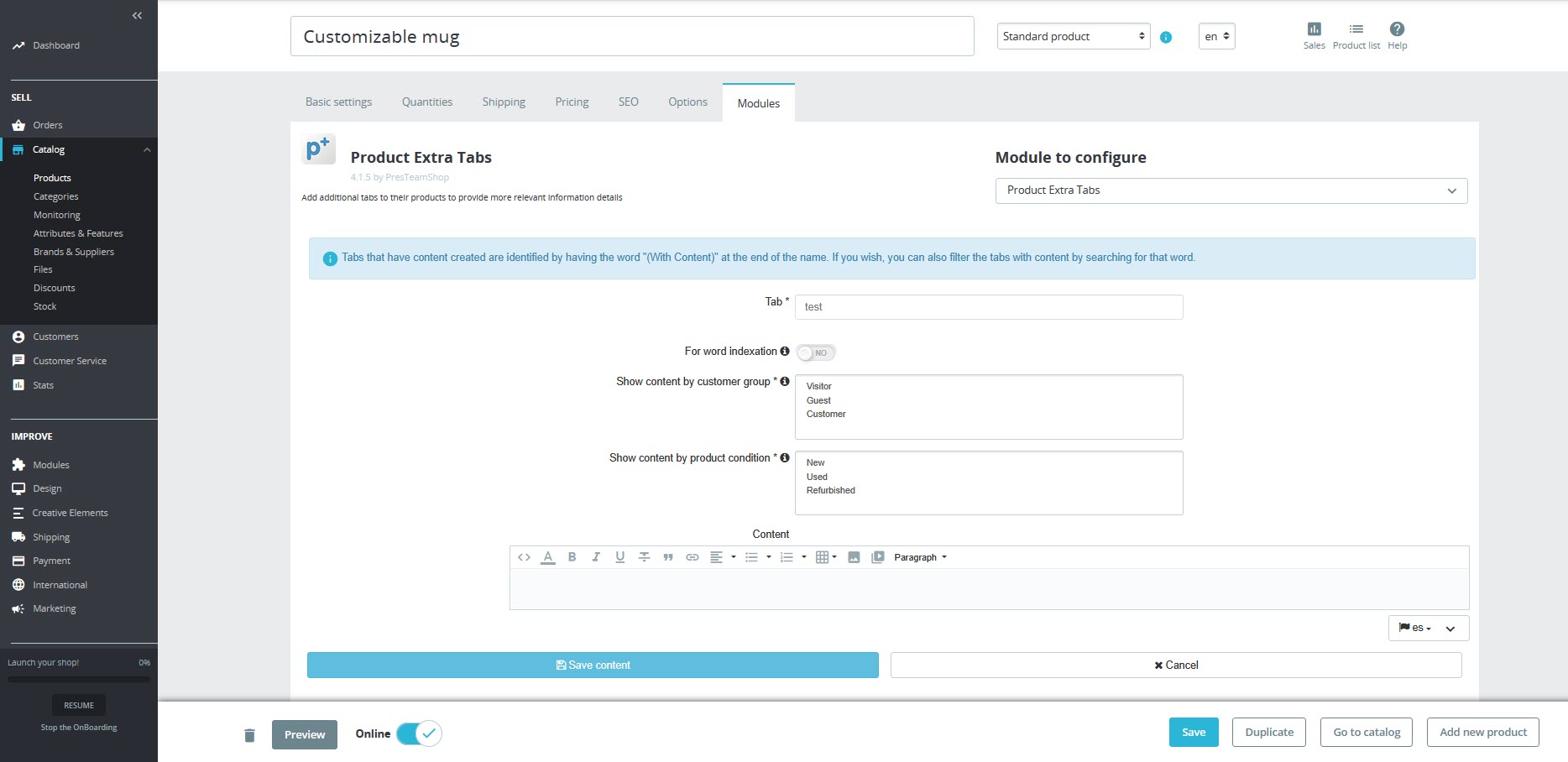 Pestaña Módulos en la ficha de producto mostrando el botón Configurar de Product Extra Tabs