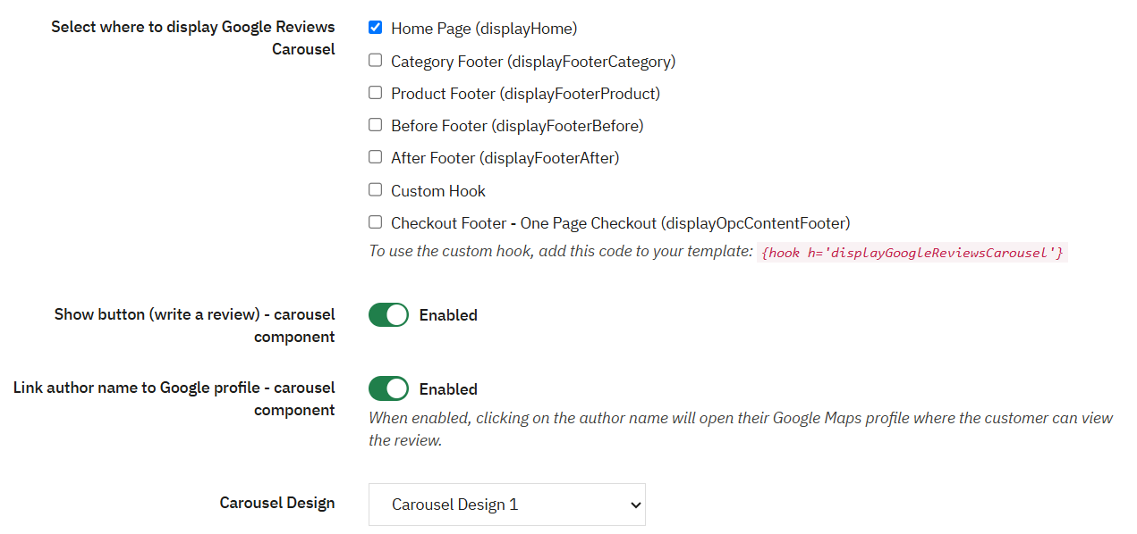 Google Reviews Carousel Configuration