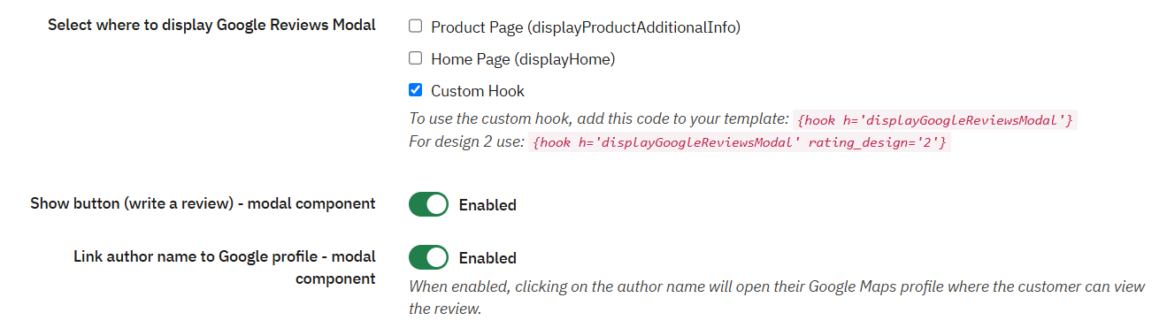 Google Reviews Modal Configuration