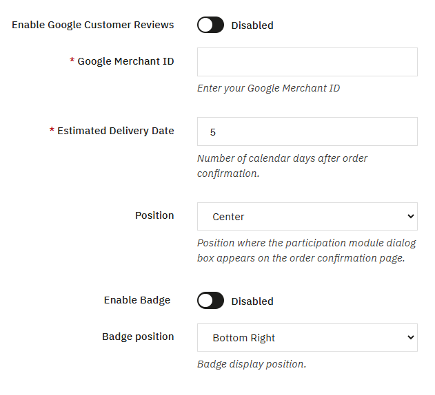 Google Customer Reviews Configuration