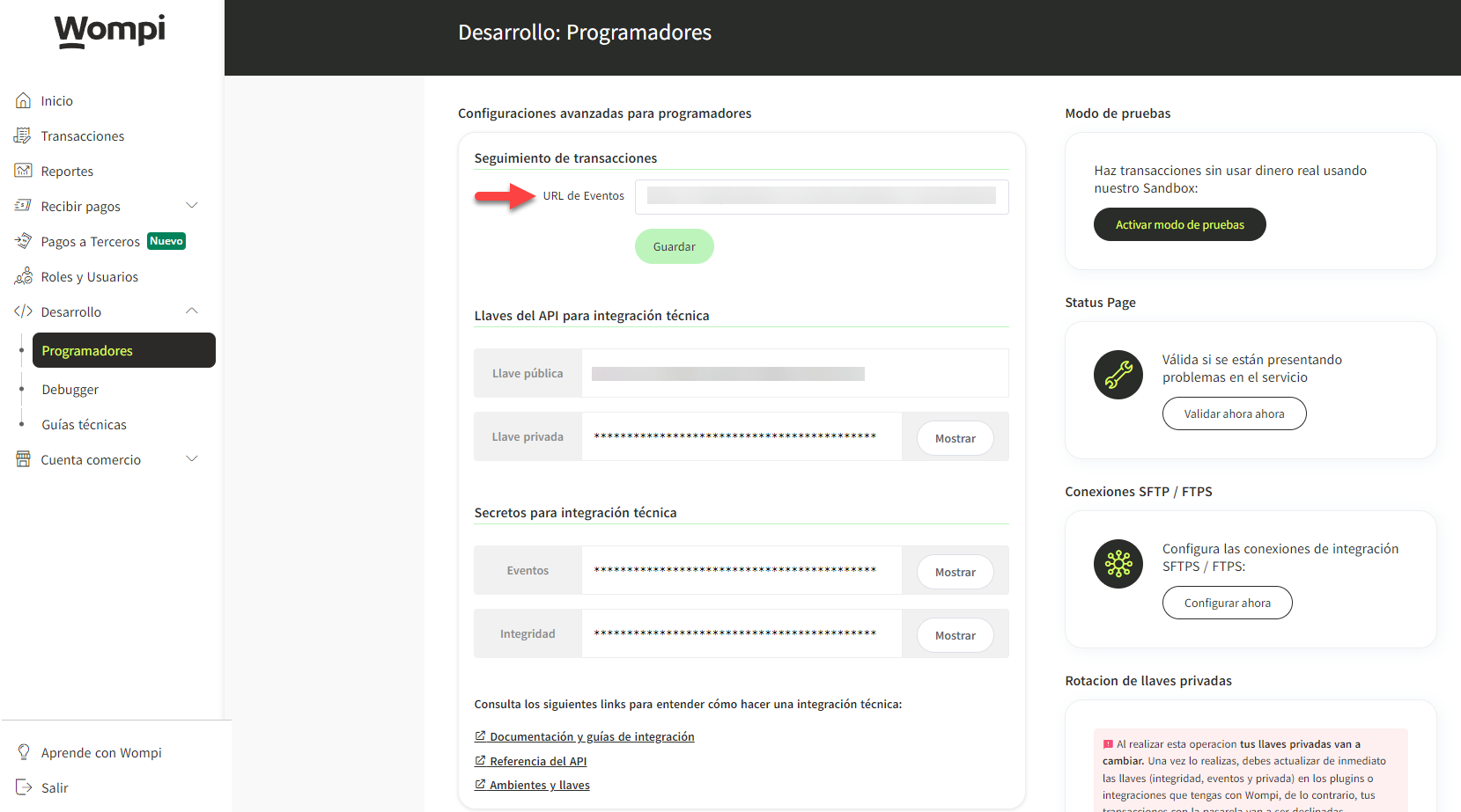 Configuración URL de Eventos en Wompi modo producción