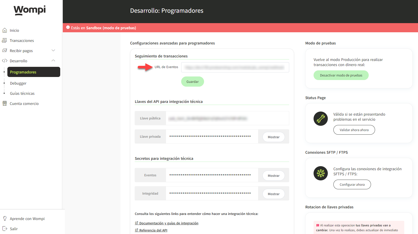 Configuración URL de Eventos en Wompi modo pruebas