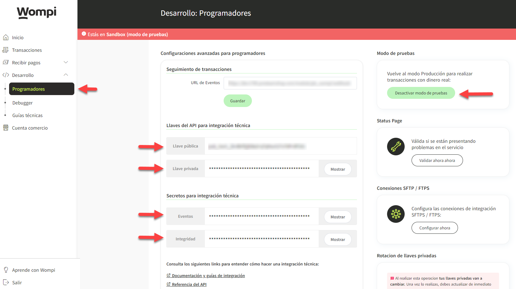 Obtener claves de sandbox en Wompi